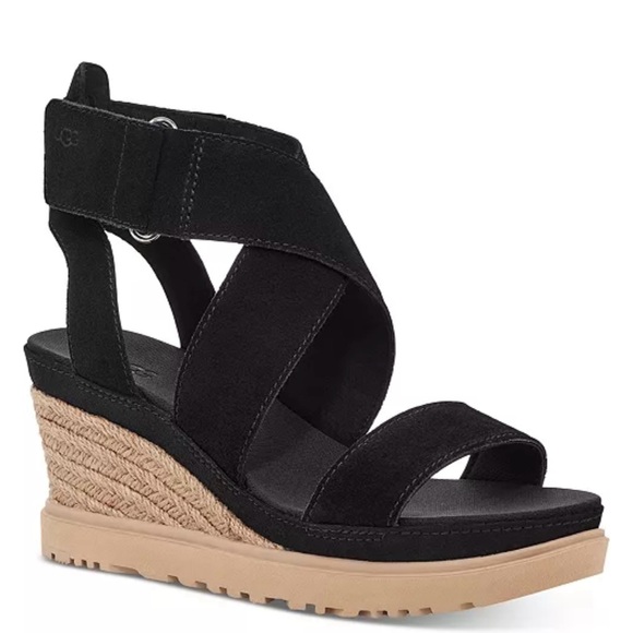 UGG Womens Ileana Wrap Sandals Size 5 Black Suede Wedge Espadrille Style New - Picture 1 of 14